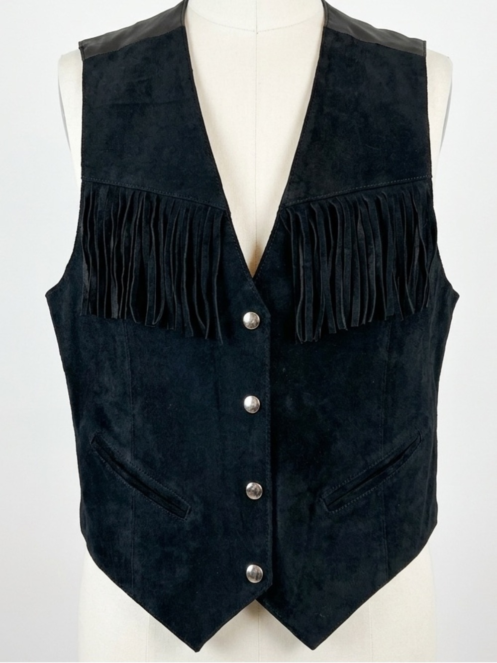Vintage 90s Suede Fringe Brandon Thomas Black Western Vest Cowboy Core Goth Boho